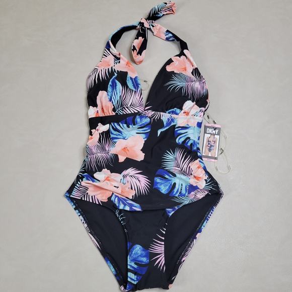 New DKNY Swimsuit Halter Shirred Waist Island Tropical Black Coral Small Lined - Picture 2 of 9